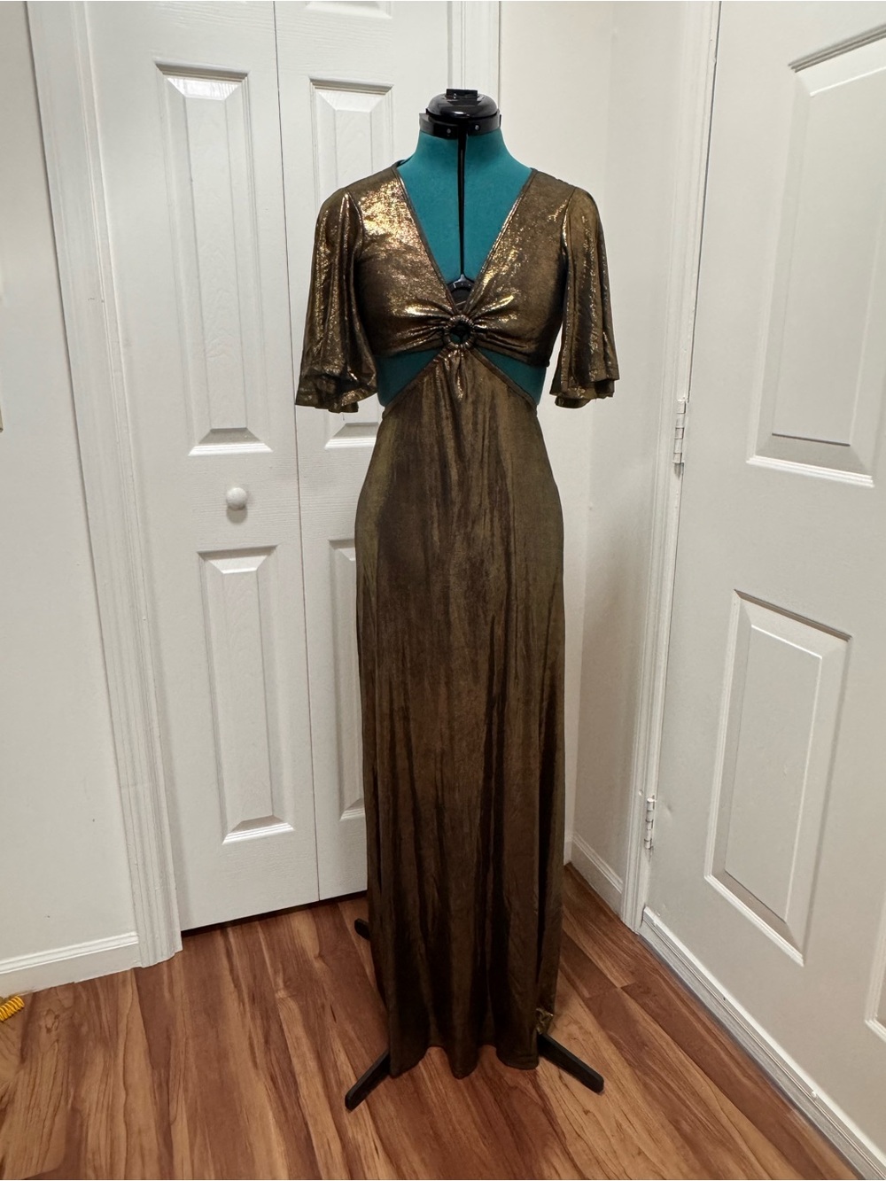 Metallic Bronze Ring-Front Maxi Dress